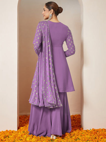 Janasya Women's Purple Georgette Embellished Gold Printed A-line Kurta With Sharara & Dupatta Set