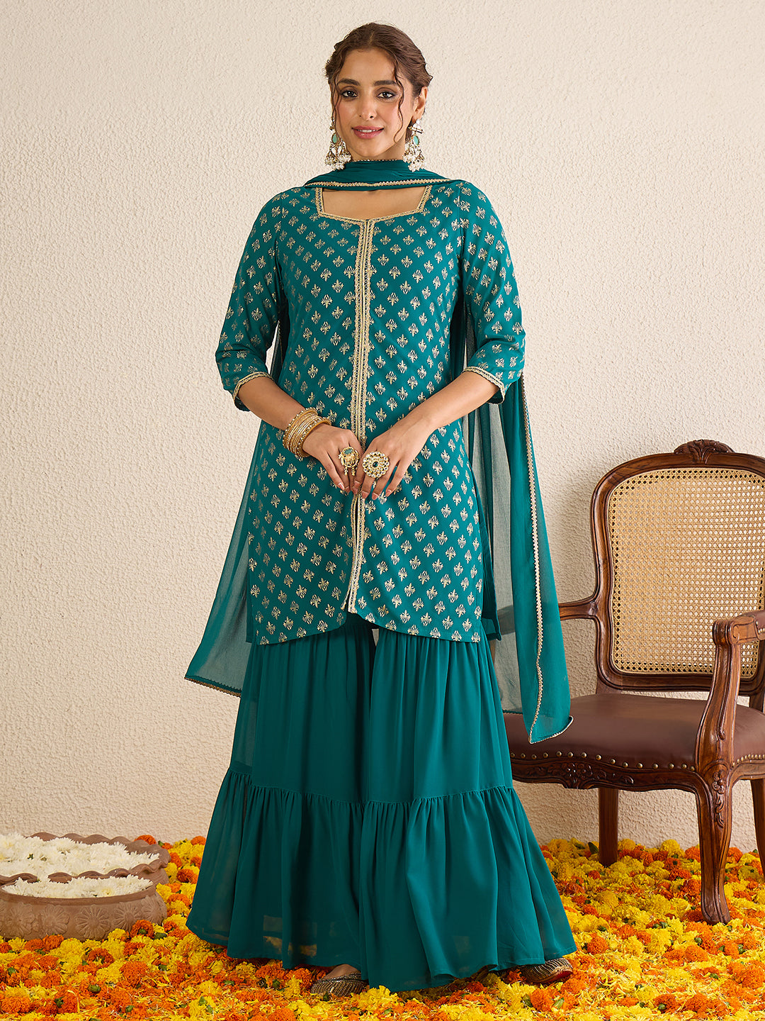 Janasya Women's Teal Green Georgette Embellished Foil Printed Straight Kurta with Sharara and Dupatta