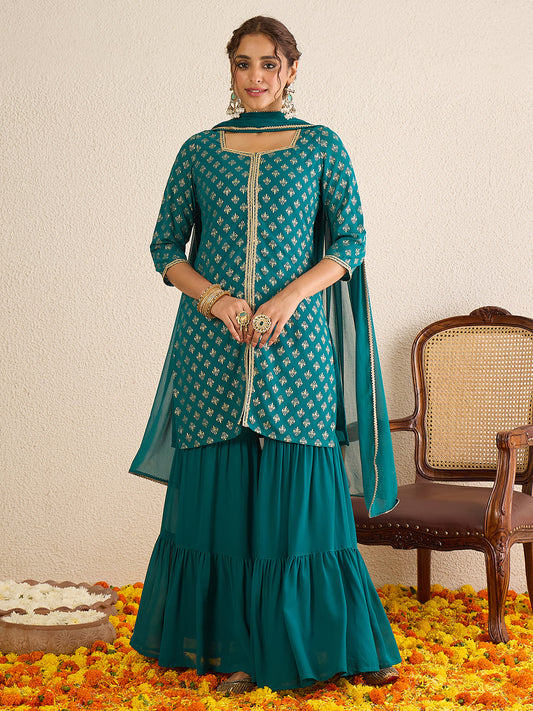 Janasya Women's Teal Green Georgette Embellished Foil Printed Straight Kurta with Sharara and Dupatta
