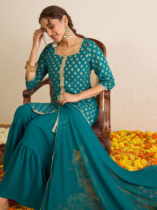 Janasya Women's Teal Green Georgette Embellished Foil Printed Straight Kurta with Sharara and Dupatta