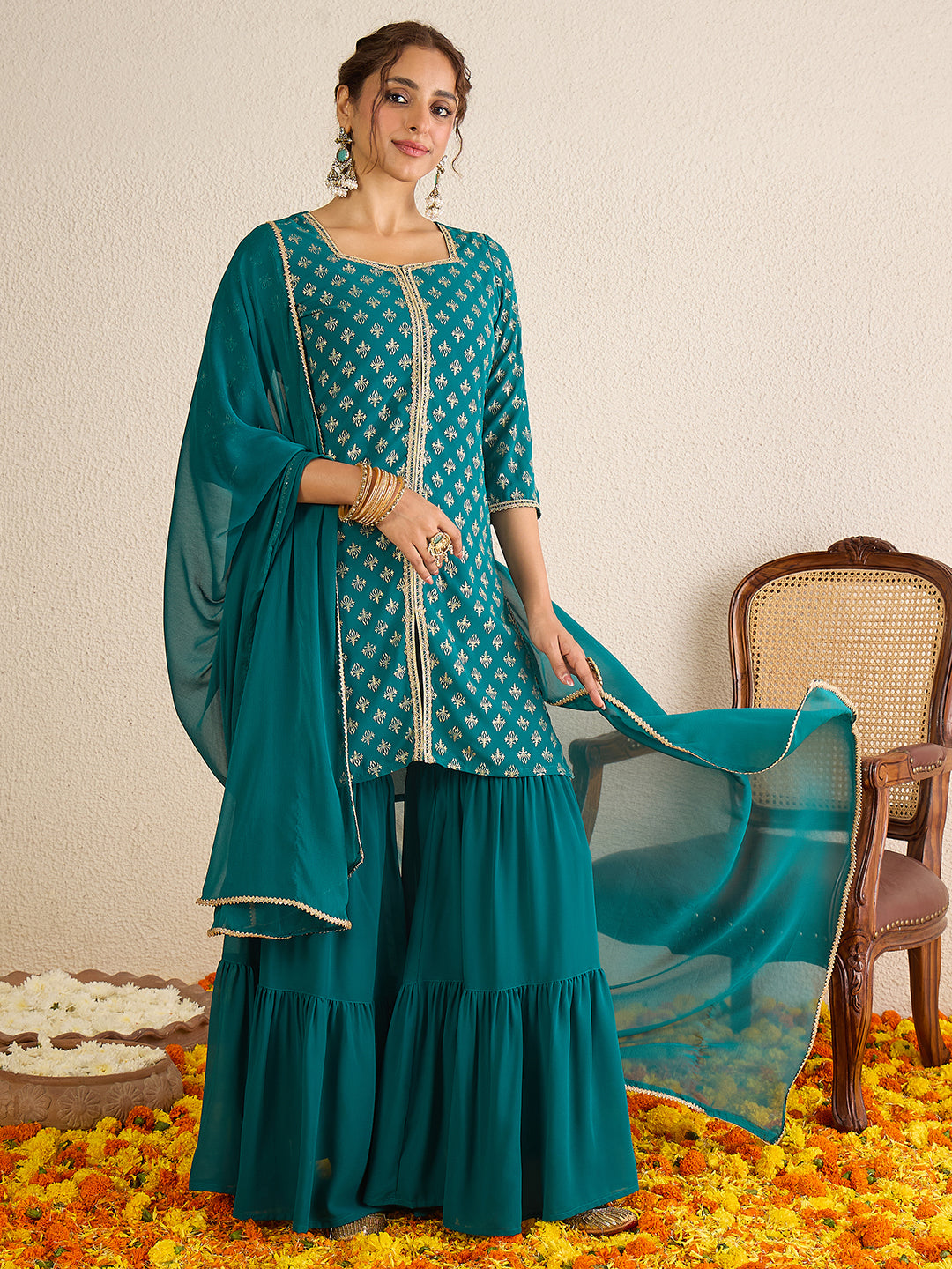 Janasya Women's Teal Green Georgette Embellished Foil Printed Straight Kurta with Sharara and Dupatta