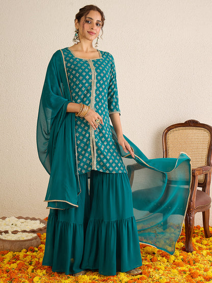 Janasya Women's Teal Green Georgette Embellished Foil Printed Straight Kurta with Sharara and Dupatta