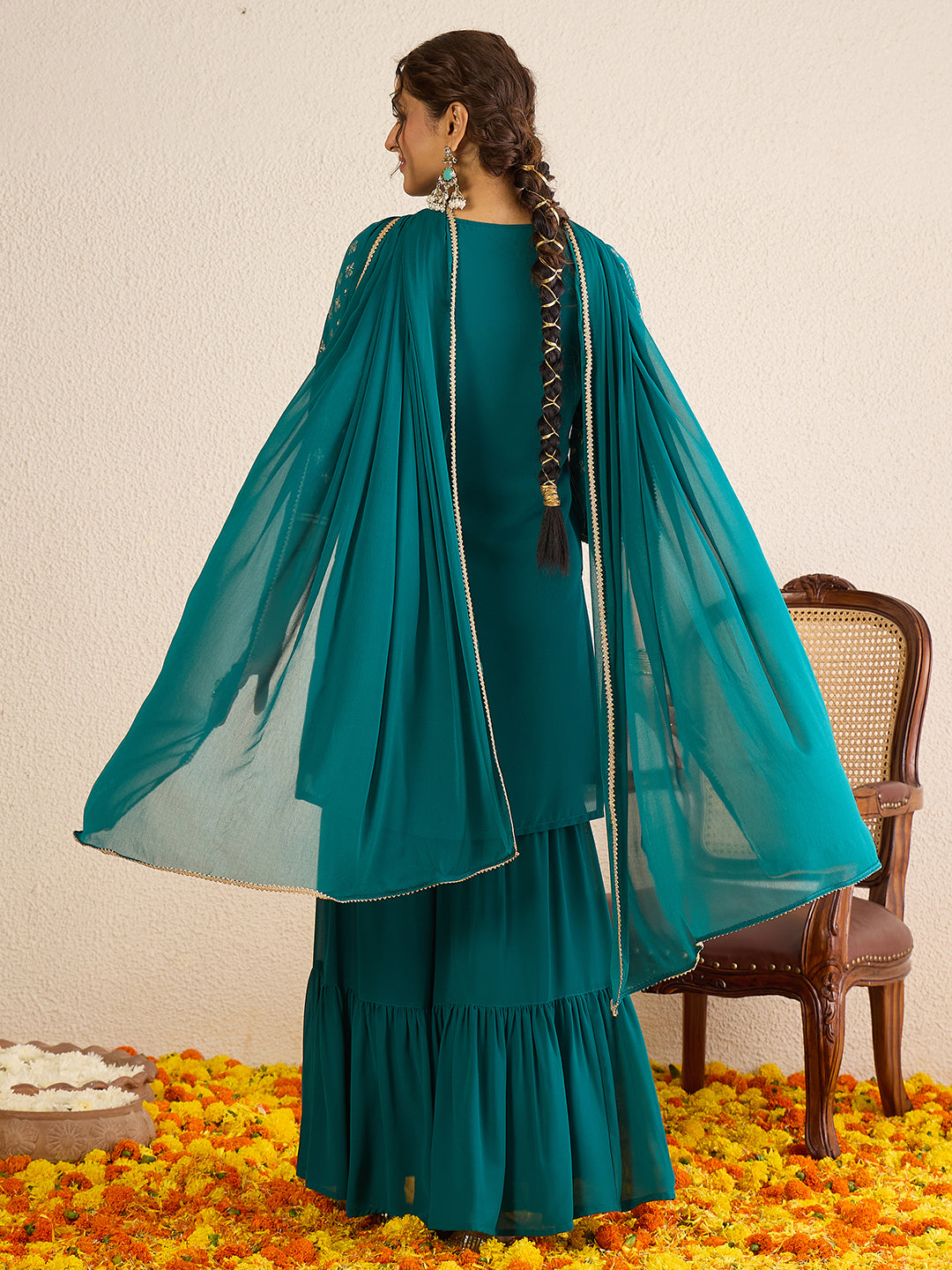 Janasya Women's Teal Green Georgette Embellished Foil Printed Straight Kurta with Sharara and Dupatta