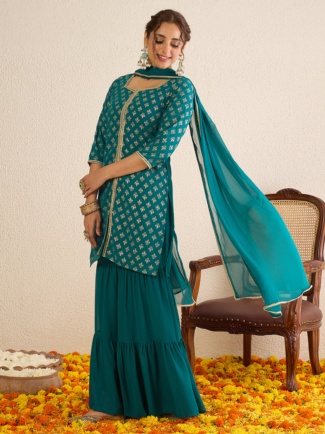 Janasya Women's Teal Green Georgette Embellished Foil Printed Straight Kurta with Sharara and Dupatta