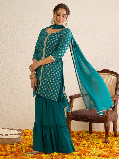 Janasya Women's Teal Green Georgette Embellished Foil Printed Straight Kurta with Sharara and Dupatta