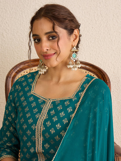 Janasya Women's Teal Green Georgette Embellished Foil Printed Straight Kurta with Sharara and Dupatta