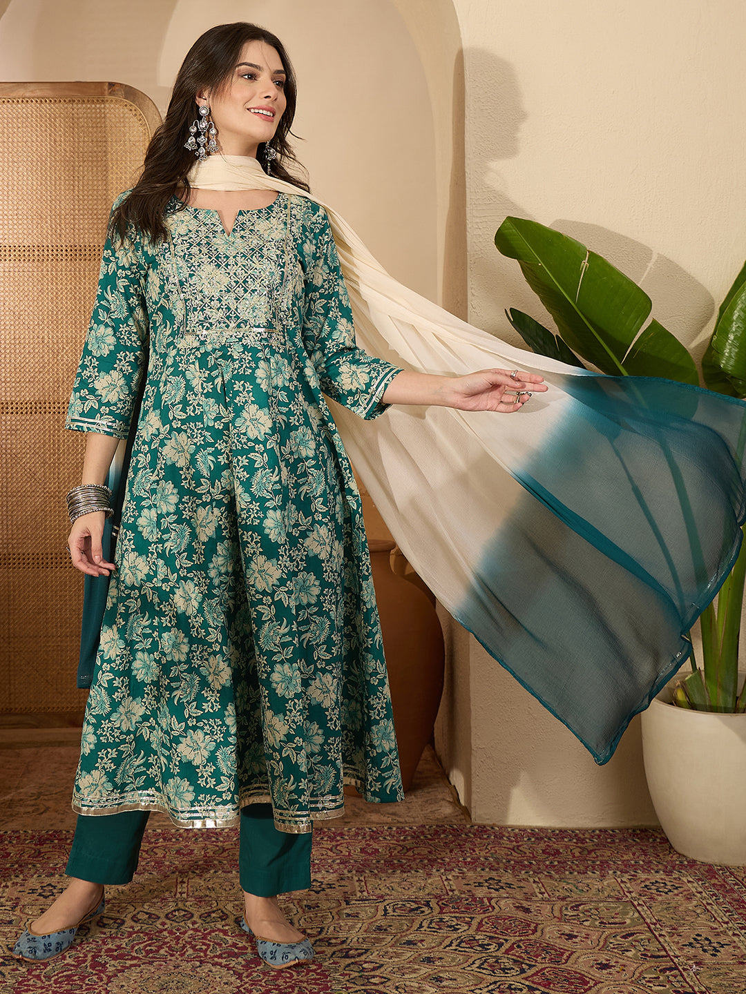 Janasya Women's Teal Green Pure Cotton Zari Yoke Embroidered Floral Printed Anarkali Kurta Set