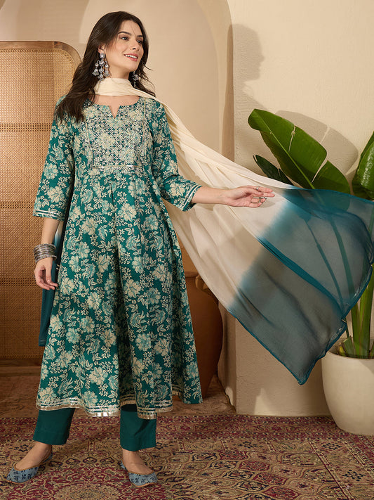 Janasya Women's Teal Green Pure Cotton Zari Yoke Embroidered Floral Printed Anarkali Kurta Set