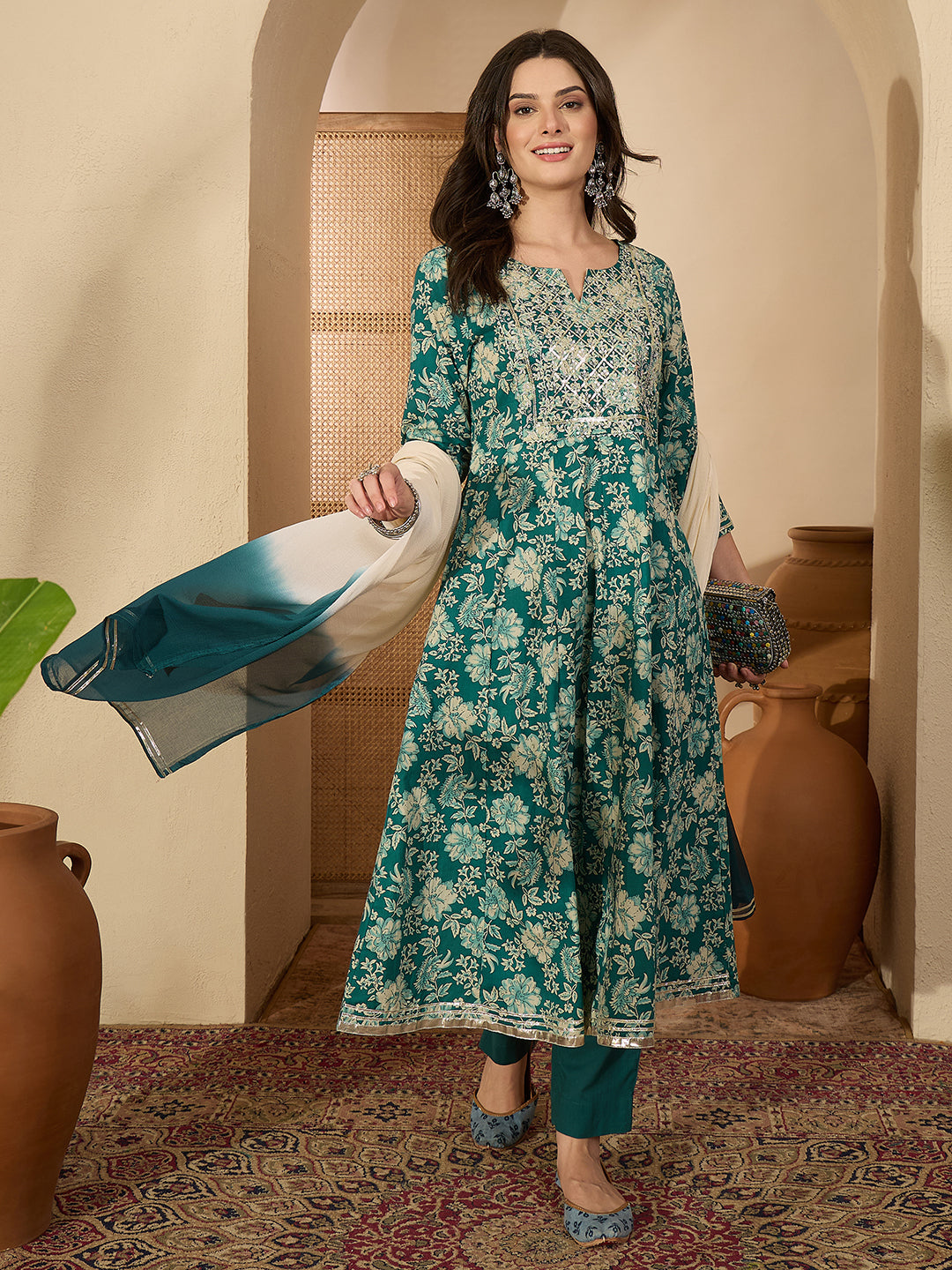 Janasya Women's Teal Green Pure Cotton Zari Yoke Embroidered Floral Printed Anarkali Kurta Set