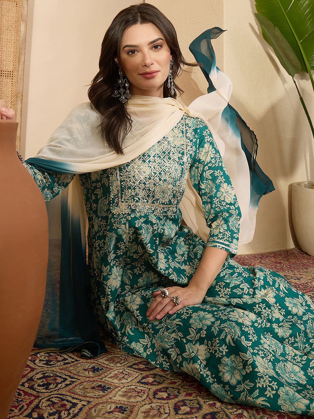 Janasya Women's Teal Green Pure Cotton Zari Yoke Embroidered Floral Printed Anarkali Kurta Set