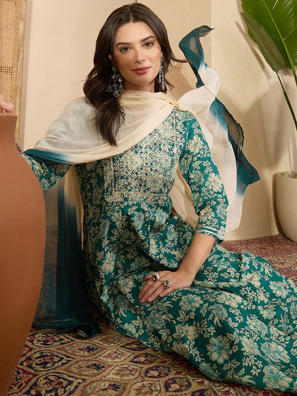 Janasya Women's Teal Green Pure Cotton Zari Yoke Embroidered Floral Printed Anarkali Kurta Set