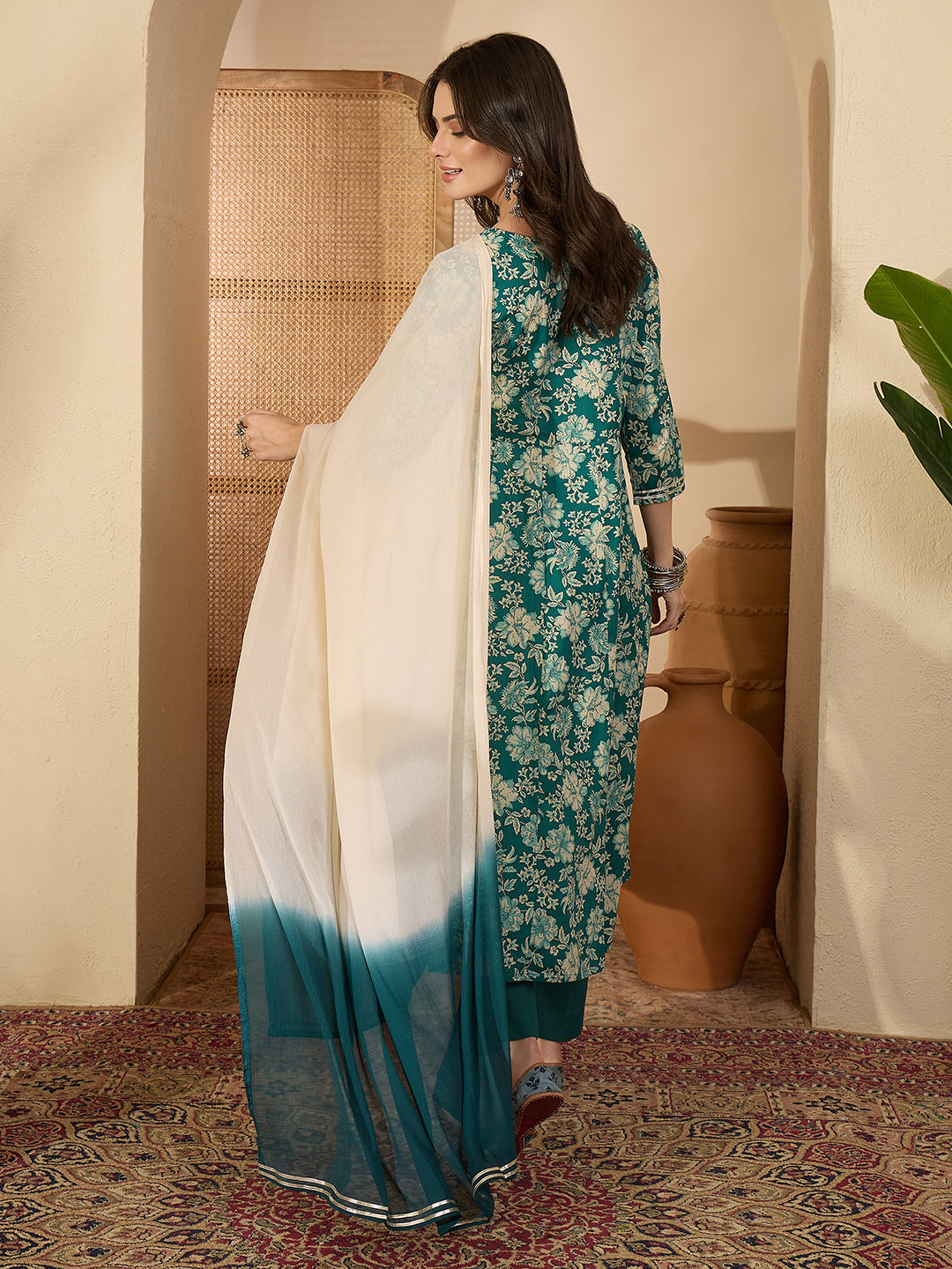 Janasya Women's Teal Green Pure Cotton Zari Yoke Embroidered Floral Printed Anarkali Kurta Set