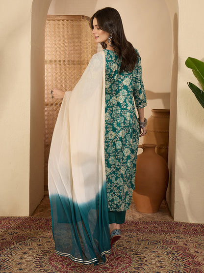 Janasya Women's Teal Green Pure Cotton Zari Yoke Embroidered Floral Printed Anarkali Kurta Set