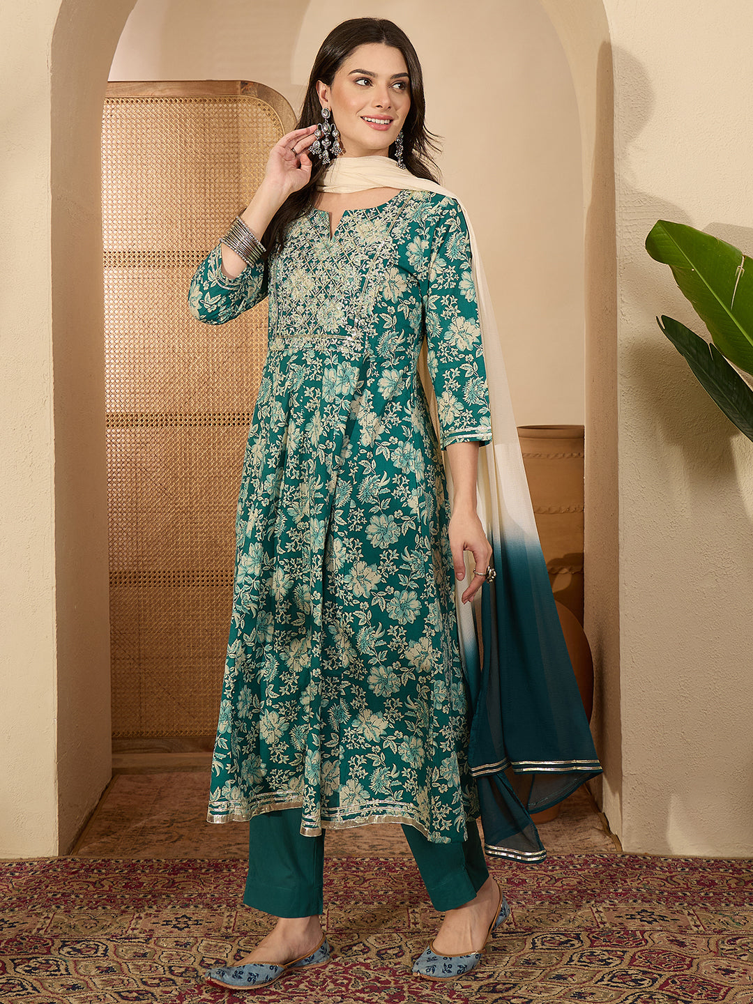Janasya Women's Teal Green Pure Cotton Zari Yoke Embroidered Floral Printed Anarkali Kurta Set