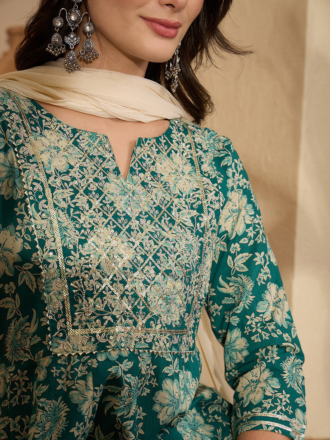 Janasya Women's Teal Green Pure Cotton Zari Yoke Embroidered Floral Printed Anarkali Kurta Set