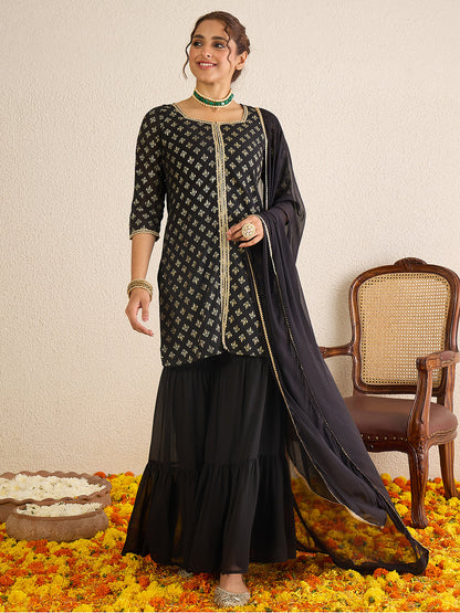Janasya Women's Black Georgette Embellished Foil Printed Straight Kurta with Sharara and Dupatta Set