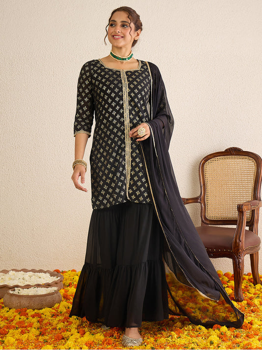 Janasya Women's Black Georgette Embellished Foil Printed Straight Kurta with Sharara and Dupatta Set