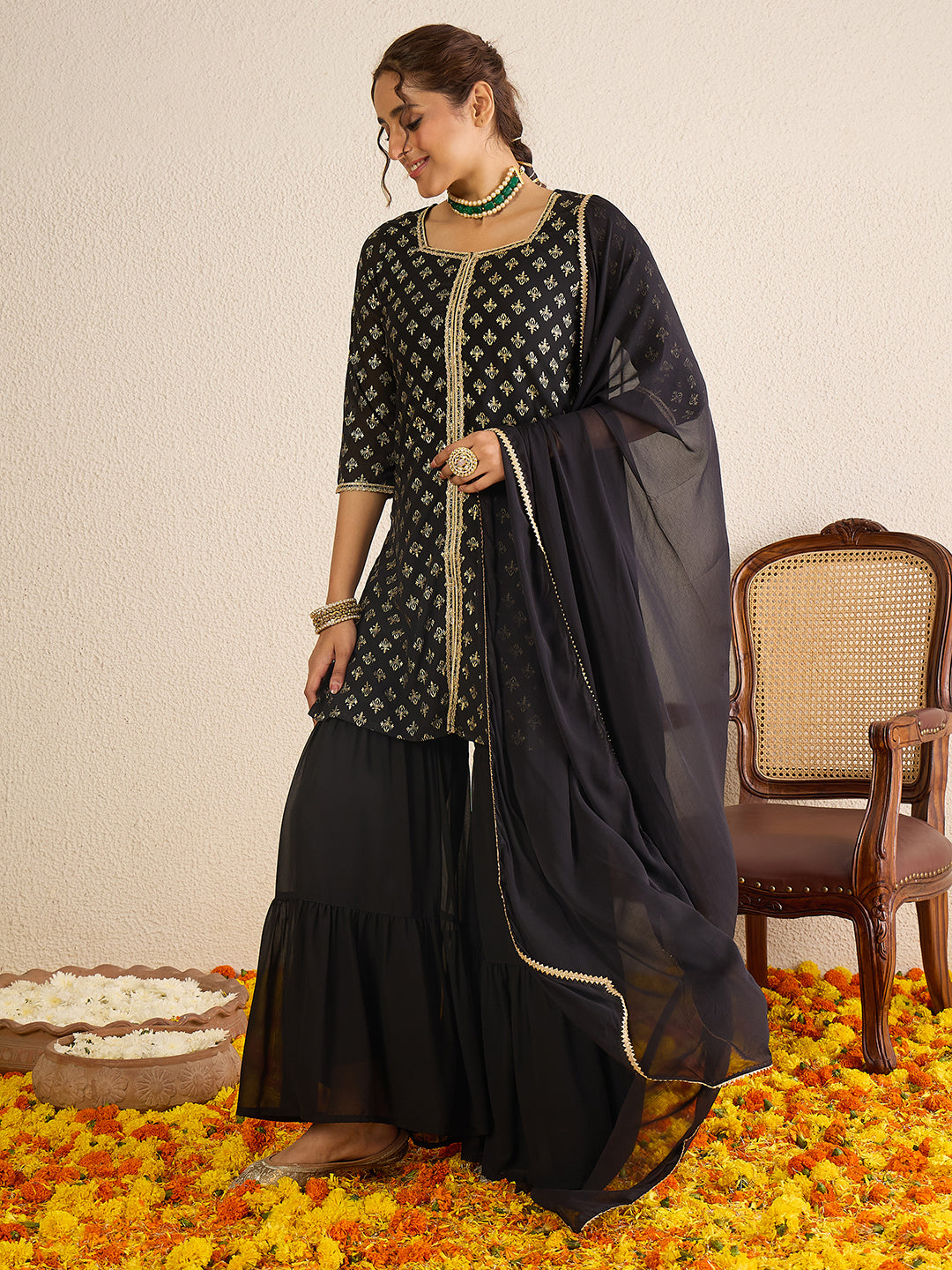 Janasya Women's Black Georgette Embellished Foil Printed Straight Kurta with Sharara and Dupatta Set