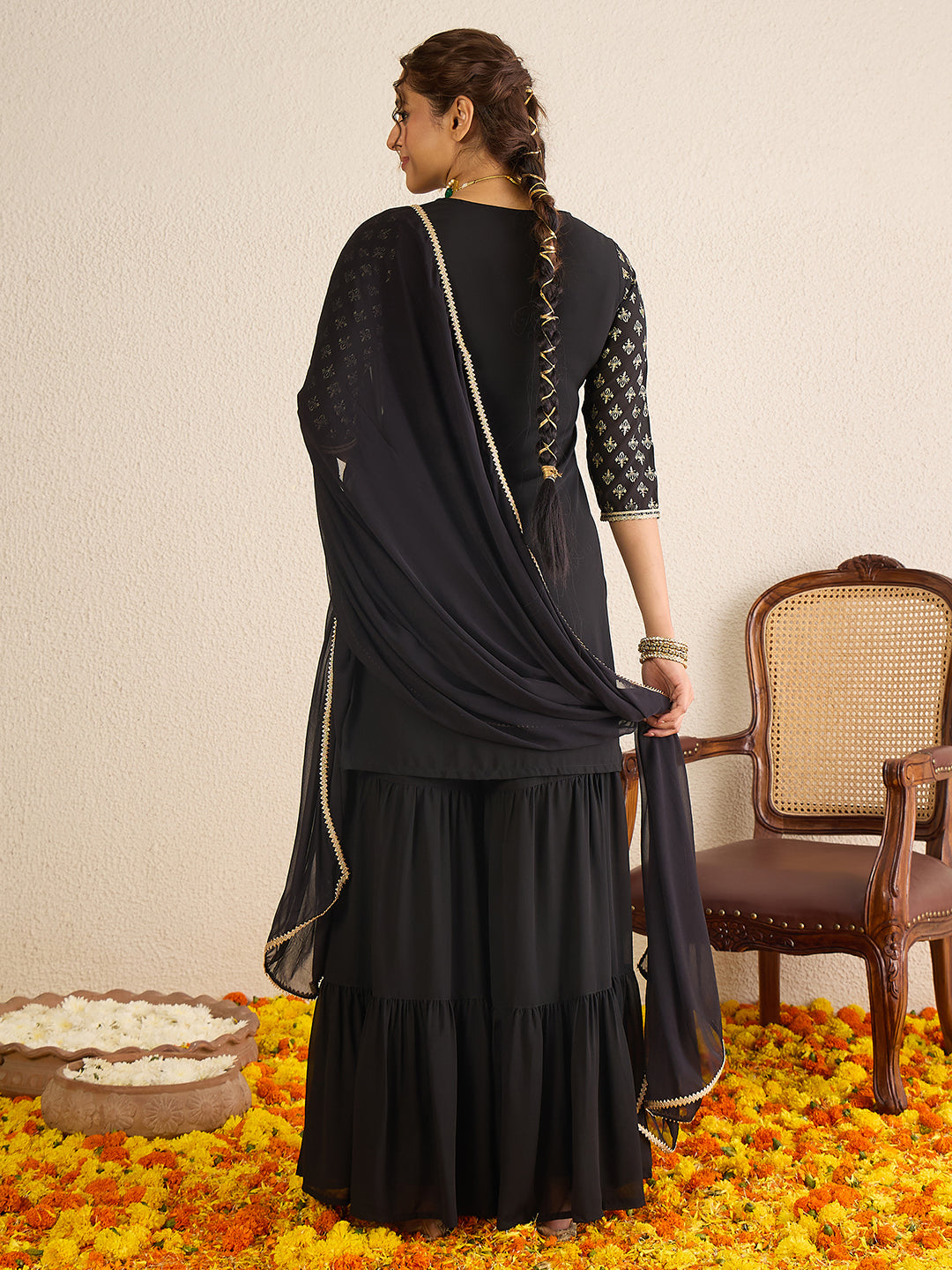 Janasya Women's Black Georgette Embellished Foil Printed Straight Kurta with Sharara and Dupatta Set