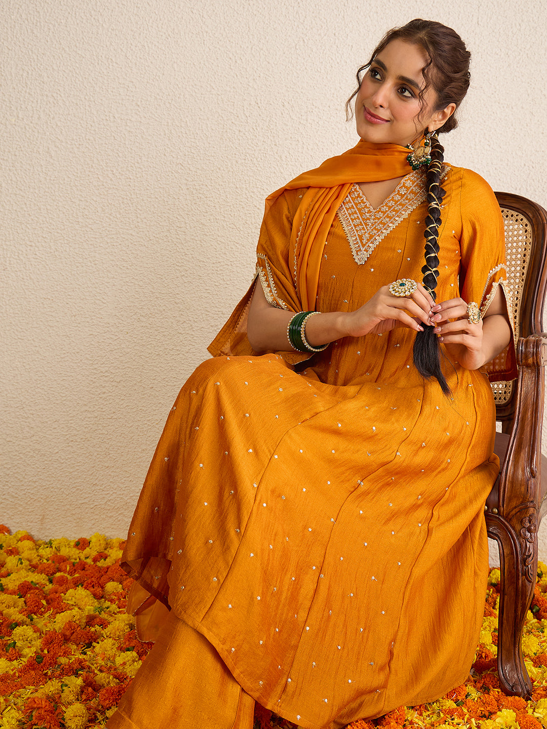Janasya Women's Mustard Silk Blend Floral Zari Embroidered Anarkali Kurta Set