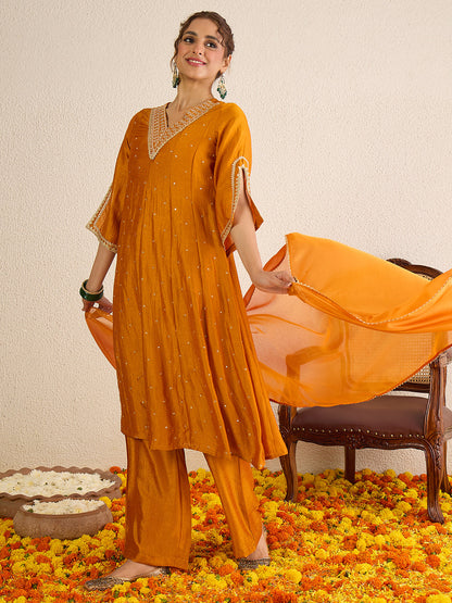 Janasya Women's Mustard Silk Blend Floral Zari Embroidered Anarkali Kurta Set