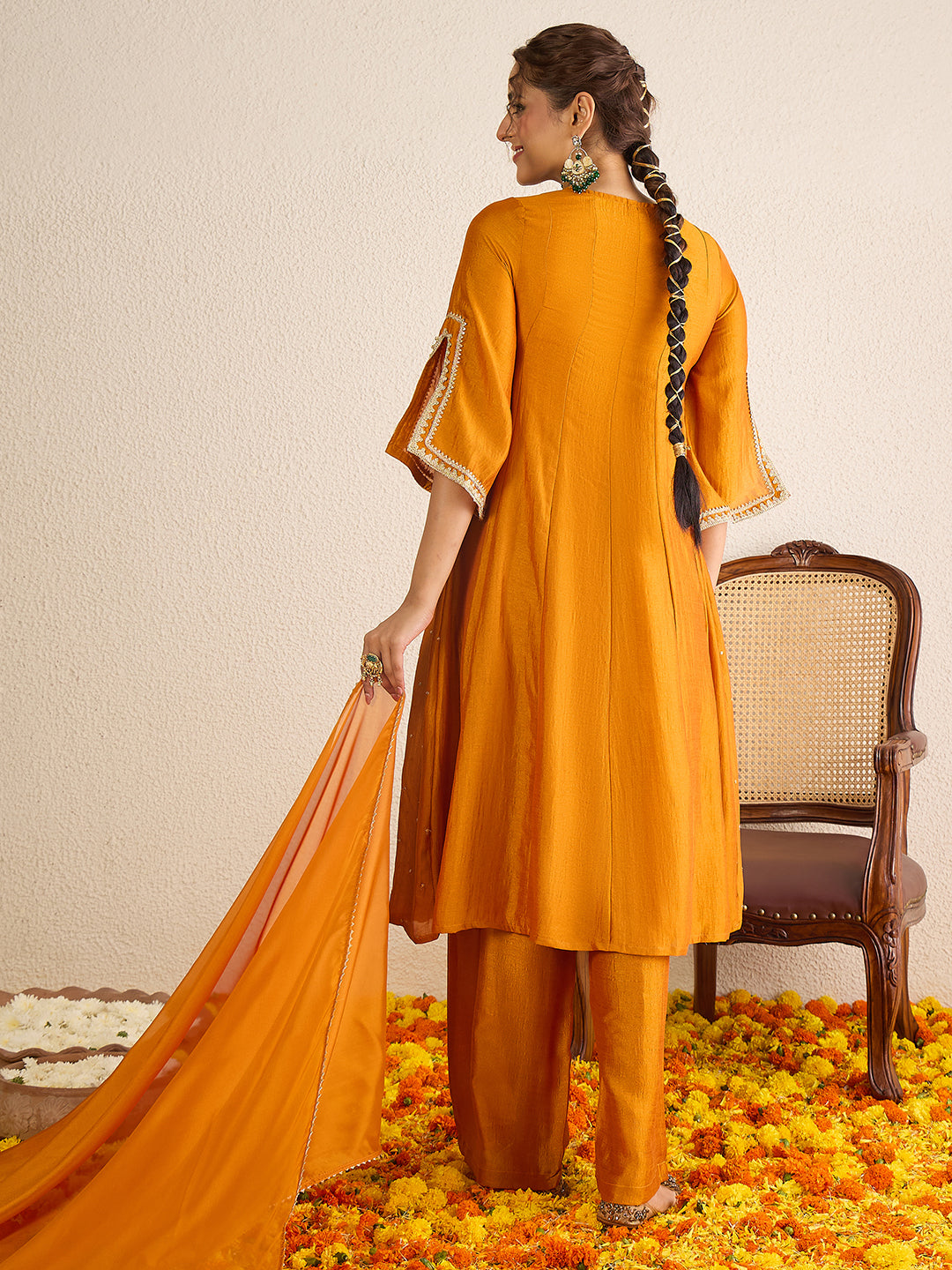 Janasya Women's Mustard Silk Blend Floral Zari Embroidered Anarkali Kurta Set