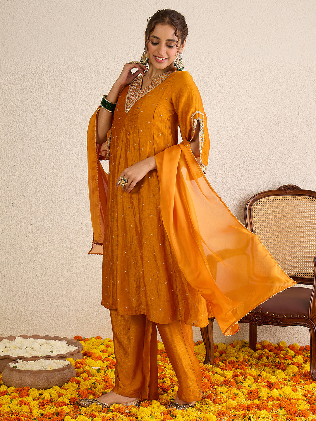 Janasya Women's Mustard Silk Blend Floral Zari Embroidered Anarkali Kurta Set