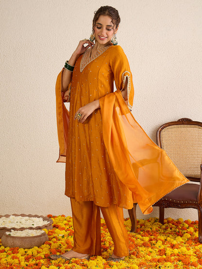 Janasya Women's Mustard Silk Blend Floral Zari Embroidered Anarkali Kurta Set