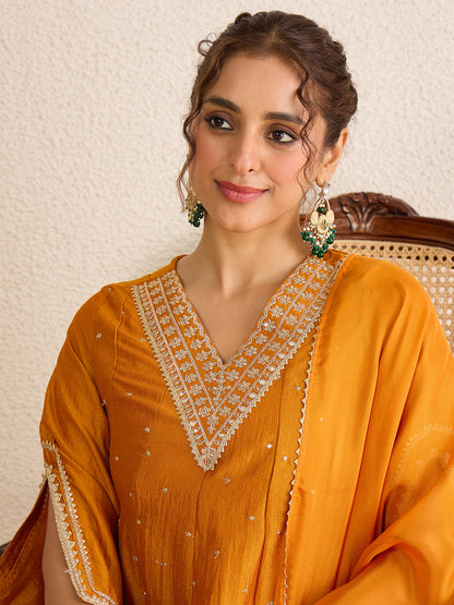 Janasya Women's Mustard Silk Blend Floral Zari Embroidered Anarkali Kurta Set