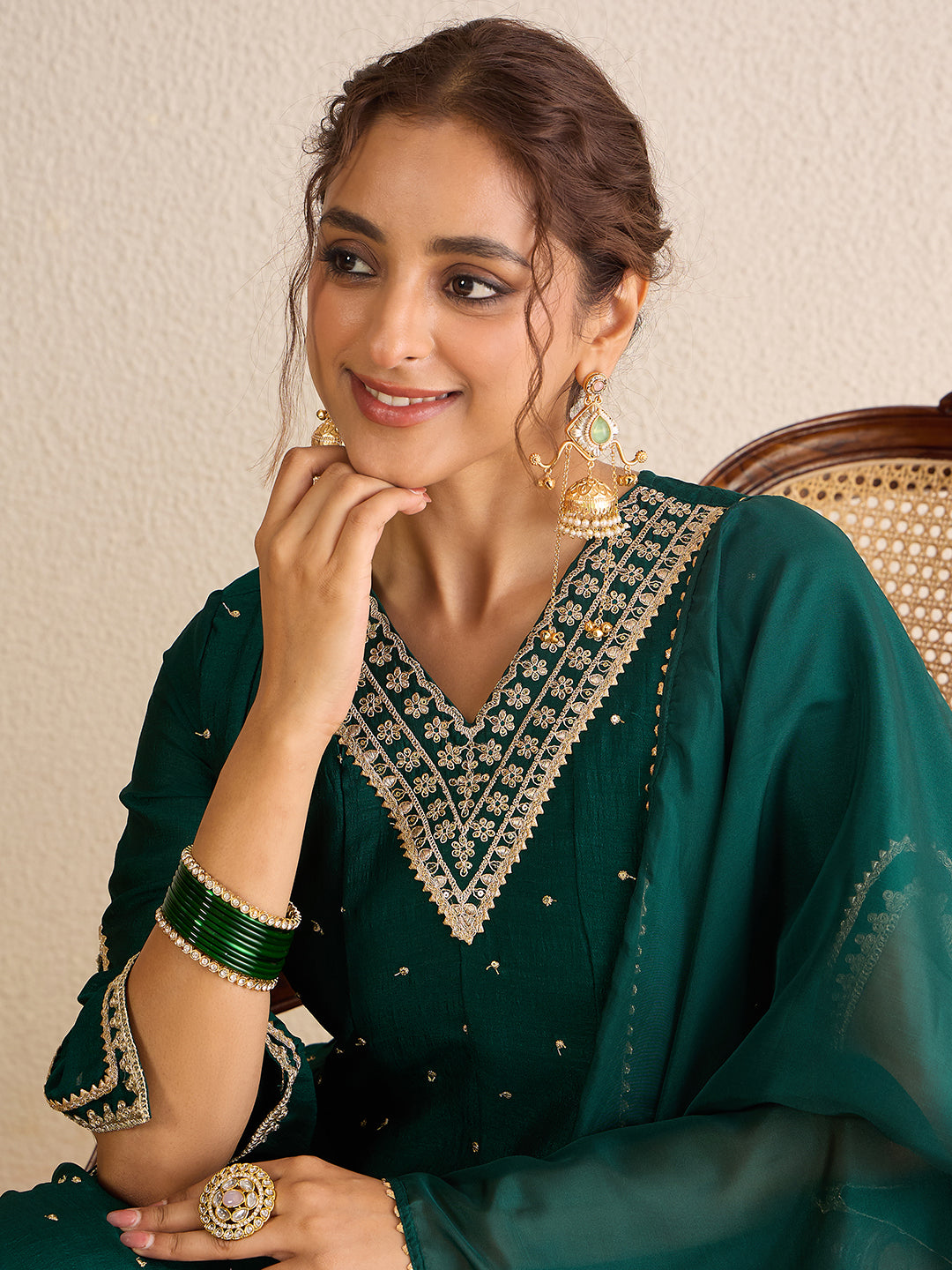 Janasya Women's Dark Green Silk Blend Floral Zari Embroidered Anarkali Kurta Set