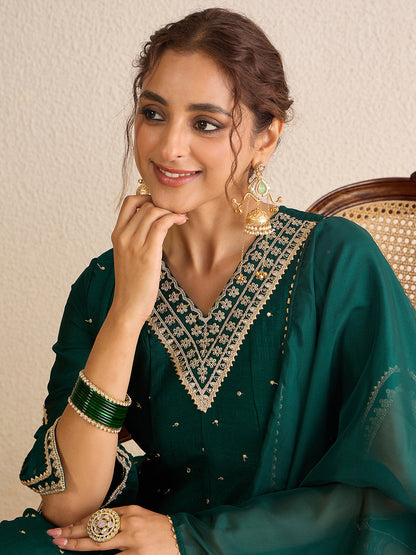 Janasya Women's Dark Green Silk Blend Floral Zari Embroidered Anarkali Kurta Set
