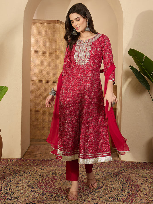 Janasya Women's Ruby Pink Pure Cotton Floral Printed Yoke Embroidered Anarkali Kurta Set