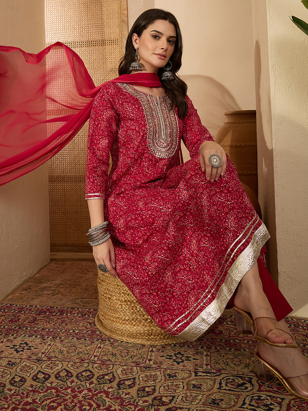 Janasya Women's Ruby Pink Pure Cotton Floral Printed Yoke Embroidered Anarkali Kurta Set