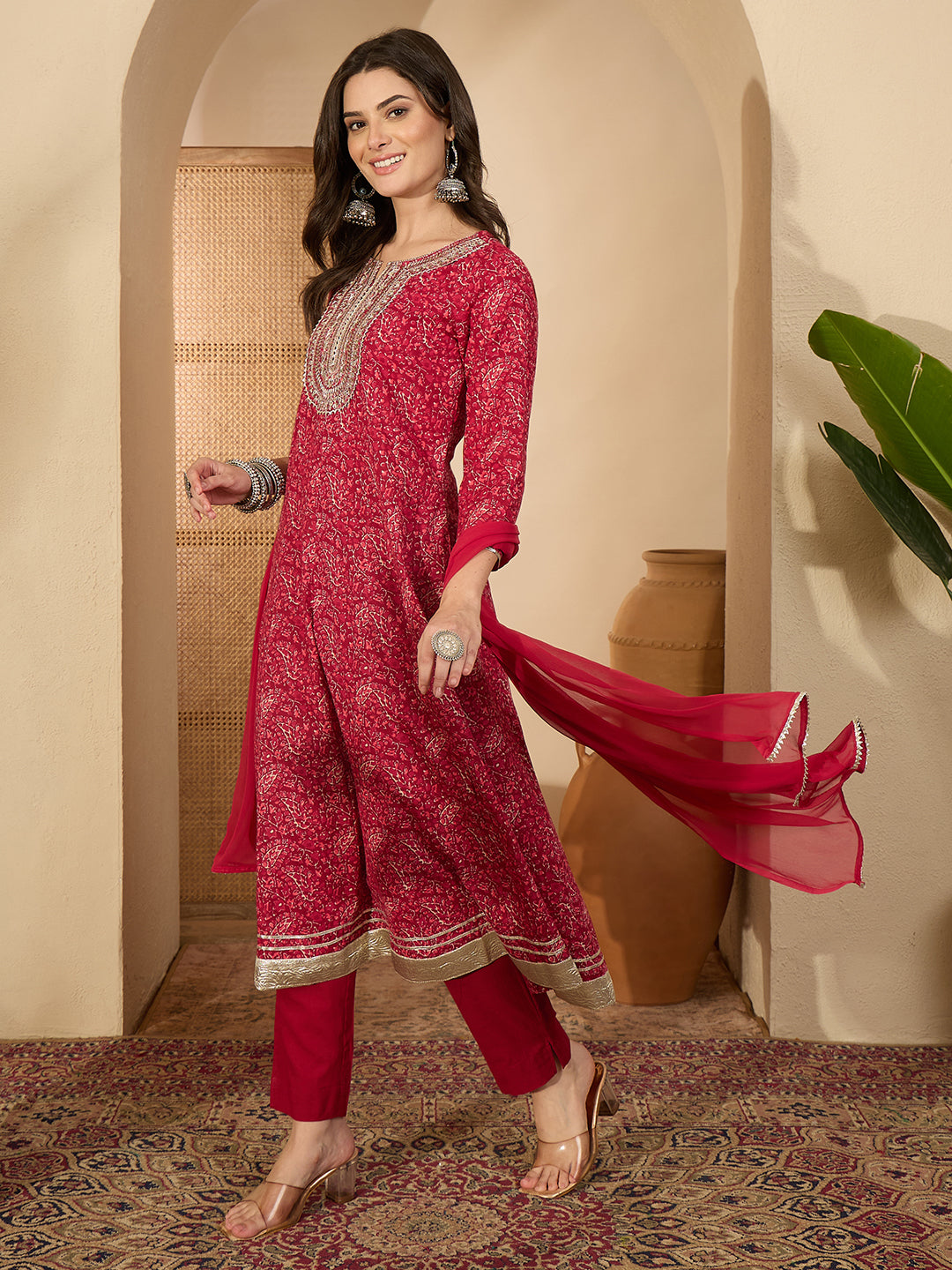 Janasya Women's Ruby Pink Pure Cotton Floral Printed Yoke Embroidered Anarkali Kurta Set