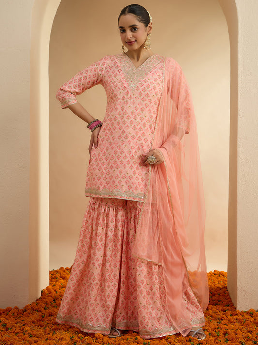 Janasya Women's Peach Chanderi Silk Floral Embroidered Straight Kurta Sharara Set