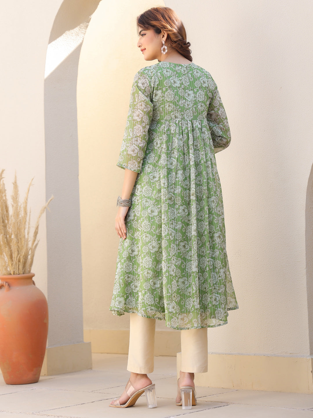 Janasya Women's Green Chiffon Lurex Floral Printed A-line Kurta