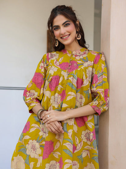 Mustard Pure Cotton Floral Printed A-line Tunic