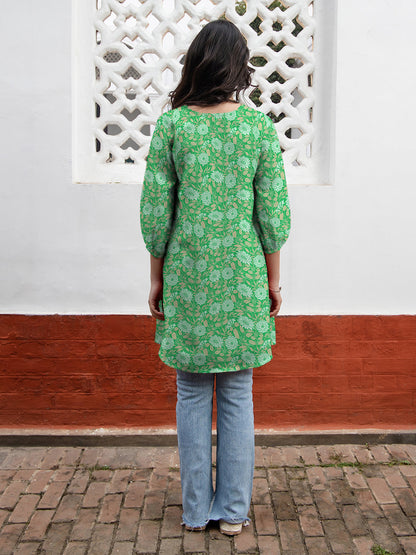 Green Georgette Floral Printed A-Line Tunic