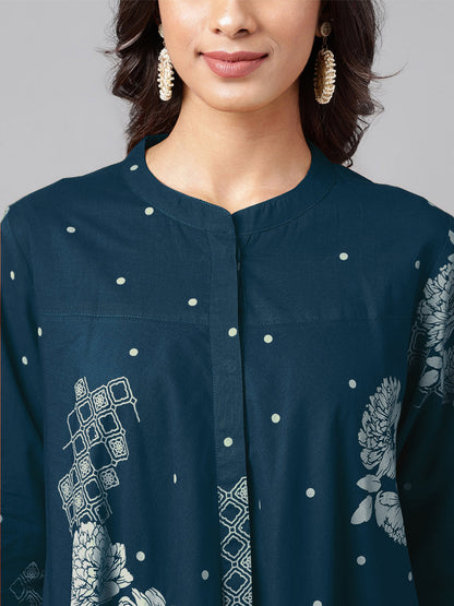 Teal Blue Pure Cotton Floral Printed Flared Tunic