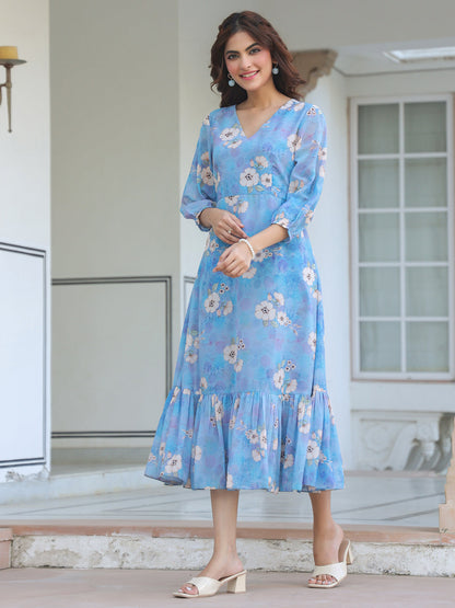 Blue Georgette Floral Printed A-line Dress