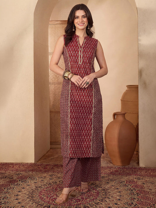 Janasya Women's Maroon Pure Cotton Ethnic Motifs Printed Straight Kurta Pant Set