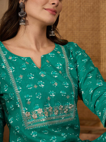 Janasya Women's Aqua Green Pure Cotton Yoke Embroidered Straight Kurta