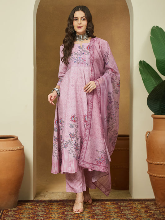 Janasya Women's Lavender Cotton Blend Floral Printed Anarkali Kurta Set