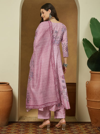 Janasya Women's Lavender Cotton Blend Floral Printed Anarkali Kurta Set