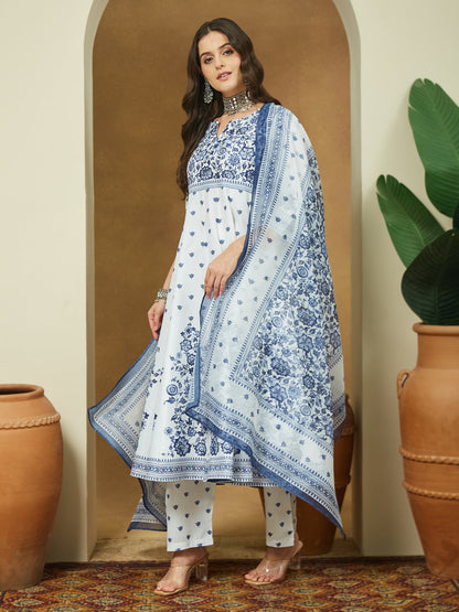 Janasya Women's White Cotton Blend Floral Printed Anarkali Kurta Set