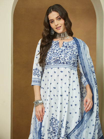 Janasya Women's White Cotton Blend Floral Printed Anarkali Kurta Set