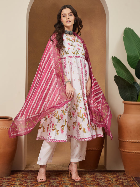 Janasya Women's Cream Cotton Blend Floral Printed Anarkali Kurta Set
