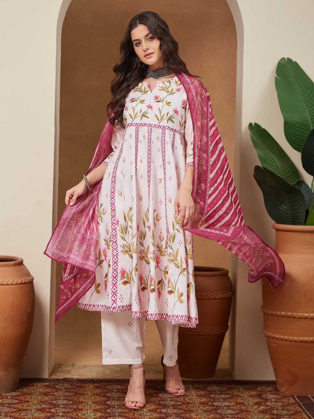 Janasya Women's Cream Cotton Blend Floral Printed Anarkali Kurta Set