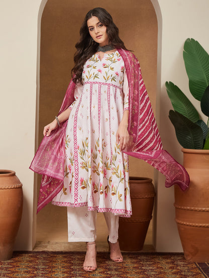 Janasya Women's Cream Cotton Blend Floral Printed Anarkali Kurta Set