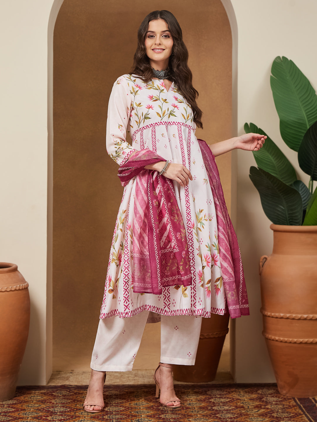 Janasya Women's Cream Cotton Blend Floral Printed Anarkali Kurta Set